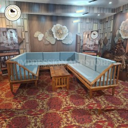 Modern Wooden Corner Sofa Set – L-Shape Teak Wood Design with Fabric Cushion