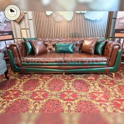Luxury Dual-Tone Leather Sofa Handcrafted Teak Wood 3-Seater with Diamond Tufted Design