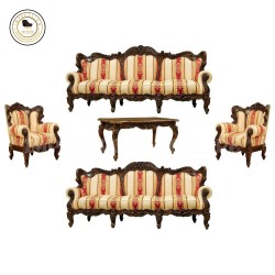Classic 8 Seater Teak Wood Sofa Set (3+3+1+1) with Table | Patterned Upholstery | Walnut Finish