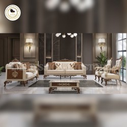 Dual-Tone 8 Seater Teak Wood Sofa Set (3+3+1+1) with Table | Ivory & Walnut Finish & Paneled Carving
