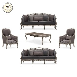 8 Seater Teak Wood Sofa Set (3+3+1+1) with Table | Hand-Carved Antique Silver Finish