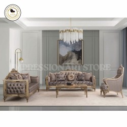 8 Seater Teak Wood Sofa Set (3+3+1+1) with Table | Antique Champagne Finish & Geometric Upholstery