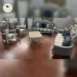 7 Seater Teak Wood Sofa Set (3+2+1+1) with Table | Hand-Carved Ivory & Silver Finish