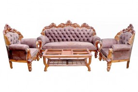 Luxurious Handcrafted 5 Seater Wooden Sofa with Plush Velvet Upholstery - Royal Antique Design