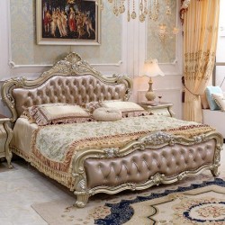 Luxury Royal Carved King Bed & Nightstands Set | Antique Gold Solid Wood Frame