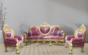 Handcarved Teakwood 5-Seater Sofa Set with Silk Fabric & Center Table for Home, Office & Hotels