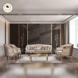 Hand-Carved Teak Wood Sofa Set 7 Seater (3+2+1+1) | Deco Golden Finish