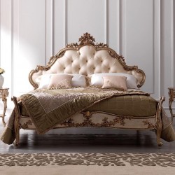 Royal King Size Bed & 2 Nightstands | Dark Mahogany & Gold Gilt Finish | Hand-Carved Teak Wood