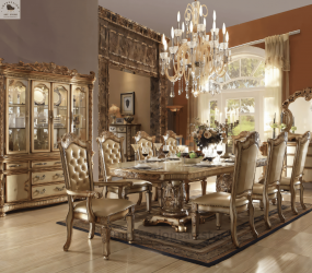 Opulent 9-Piece Victorian Gold Dining Set with Ornate Carvings, Crystal Accents, and Display Cabinet