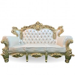 Gold & White Teakwood 7-Seater Sofa Set | Hand-Carved | Premium Leather & 40-Density Cushioning