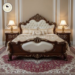 Baroque King Size Bed | Ruby Red Velvet Tufting & Antique White Finish | Hand-Carved Teak Wood