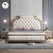 King Size Bed | Ivory Diamond Tufted Headboard | Light Wood Frame with Gold Trim